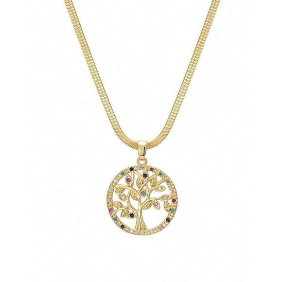 18K Gold Plated Tree Of Life Pendant Necklace With Multicolor Rhinestones On Sta - Picture 3 of 3